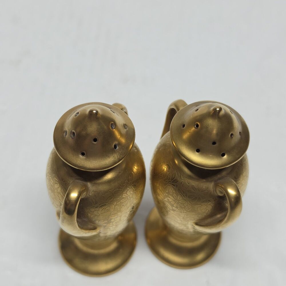 Vintage 50s Stouffer 24 Kt Gold Plated Salt/Pepper Shaker ROSE DAISY w Handles - Picture 7 of 9
